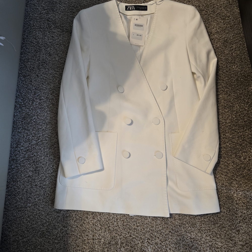 Zara White Double-Breasted Boyfriend Blazer SZ XS